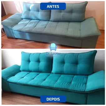 antes e depois de sofá azul